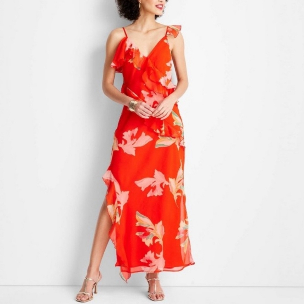 Red Floral Maxi Dress with Ruffle Straps